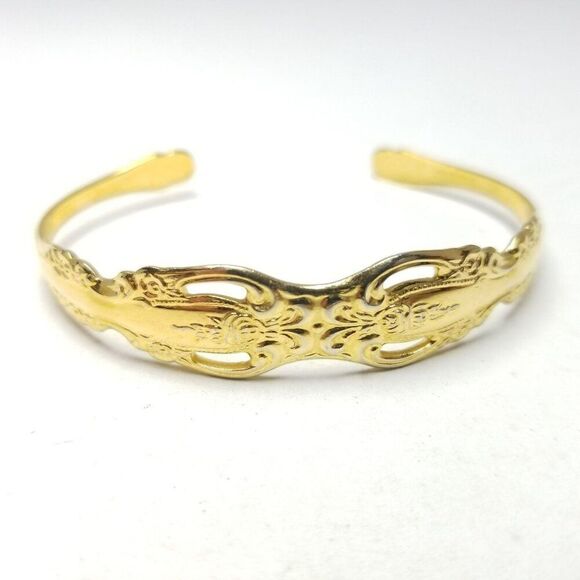 Vintage Gold Tone Cuff Bangle Bracelet, Spoon Handle Style Design, Estate - Picture 6 of 6